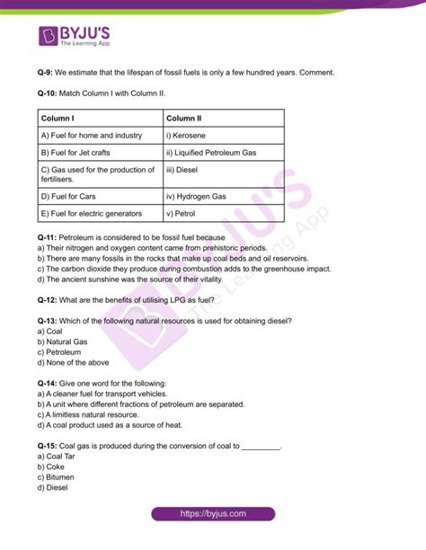 Class 8 Chemistry Worksheet on Chapter 5 Coal and Petroleum - Set 1