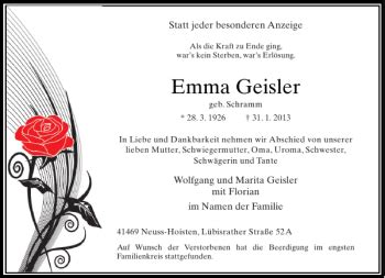 Alle Traueranzeigen für Emma Geisler trauer rp online de