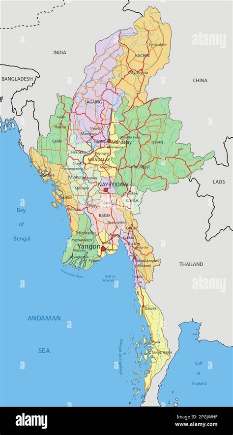 myanmar highly detailed editable political map  labeling stock