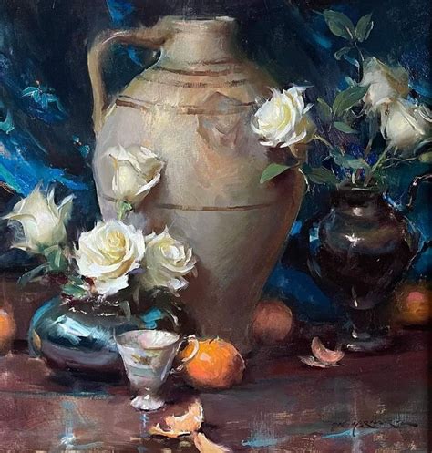 A Painting Of White Roses In A Vase Next To Other Flowers And Fruit On