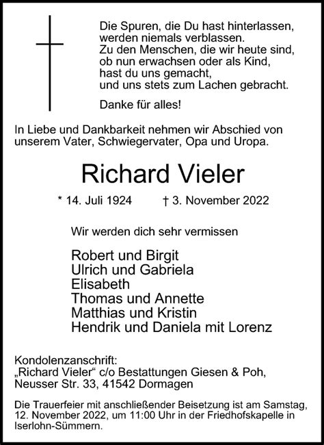 Traueranzeigen Von Richard Vieler Trauer In Nrw De