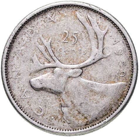 Монета Канада 25 центов (cents) 1959 стоимостью 855 руб.
