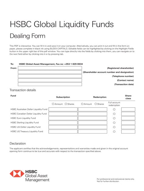 Fillable Online Hsbc Global Liquidity Funds Dealing Form Fax Email