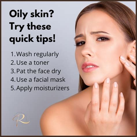 A Woman With Her Hand On Her Face And The Words Oily Skin Try These