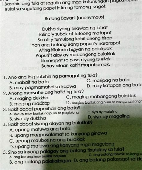 1 Basahin Ang Tula At Sagutin Ang Mga Katanungan Pagkatapos Isulat Sa