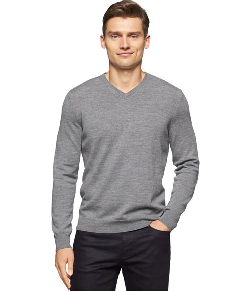 Calvin Klein Merino Wool V-neck Sweater in Gray for Men - Lyst