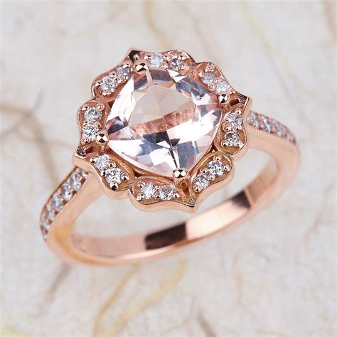 Morganite Engagement Ring Rose Gold Cushion Cut Halo Vintage Etsy