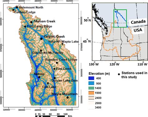 Left: Digital elevation map of the Columbia Mountains showing weather ...