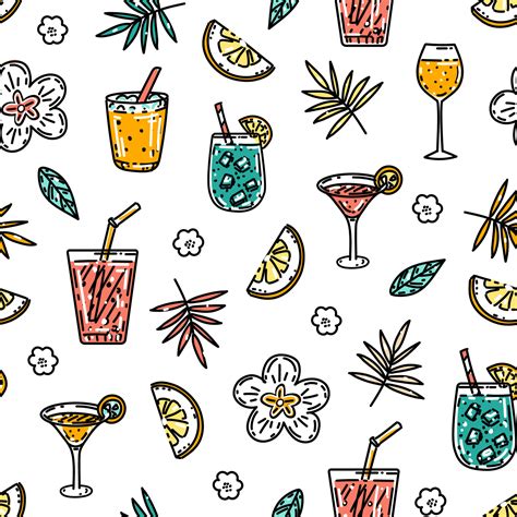 Summer Seamless Pattern With Hand Drawn In Sketch Style Alcohol