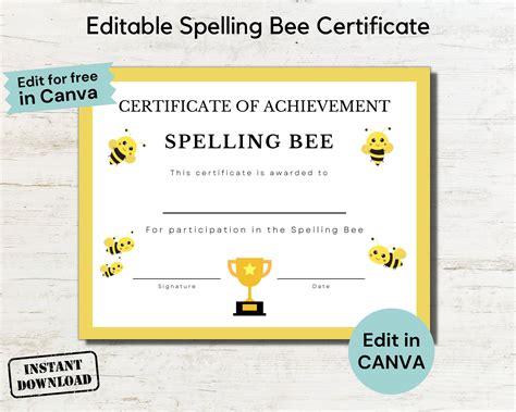 Editable Spelling Bee Certificates Spelling Bee Printable Certificates Spelling Awards School