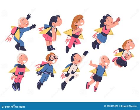 Happy Children With Jetpack Flying Propelling Through The Air Vector