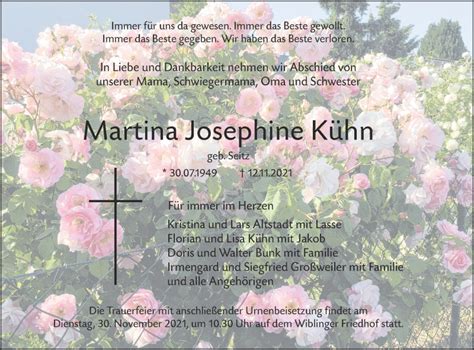 Traueranzeigen Von Martina Josephine K Hn S Dwest Presse Trauer