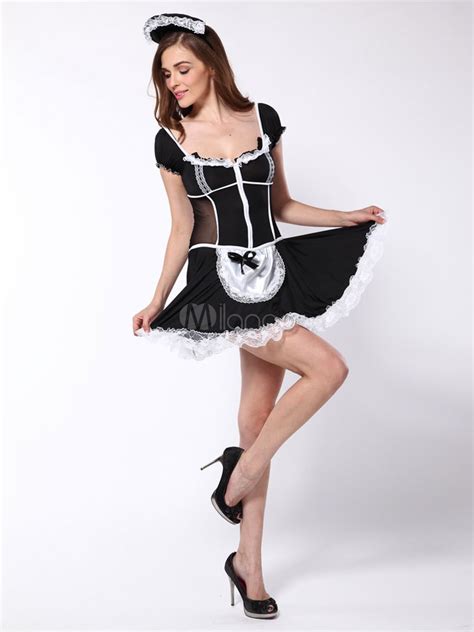 Sexy Halloween Costume Black Maid Bows Two Tone Ruffled Mini Dress With Headpieces For Women