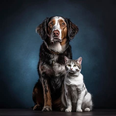 Adorável cão e gato sentados juntos studio filmado em fundo escuro