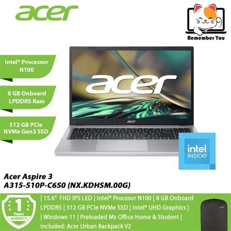 Acer Aspire 3 A315 510p C6s0 156 Fhd Laptop Pure Silver N100 8gb