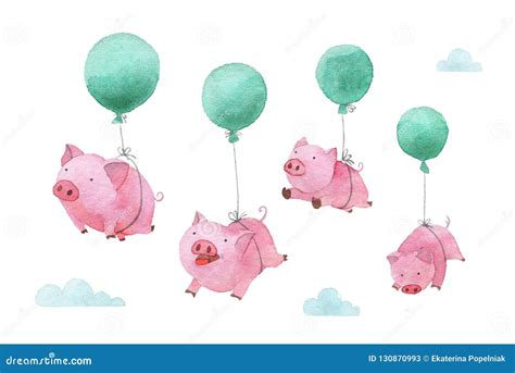 Cute Piggy Watercolor Illustration Four Pigs Flying In Balloons Across