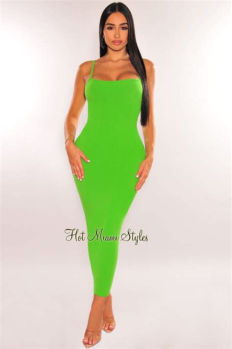 Green Ribbed Spaghetti Strap Cut Out Back Midi Dress Hot Miami Styles