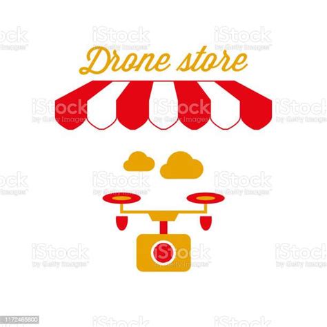 Drone Store Sign Emblem Red And White Striped Awning Tent Vector