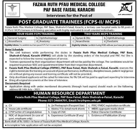 Fazaia Ruth Pfau Medical College Medical Staff Jobs Job