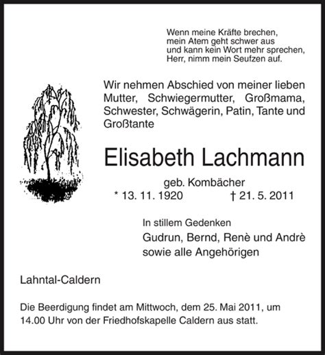 Traueranzeigen Von Elisabeth Lachmann Trauer Anzeigen De