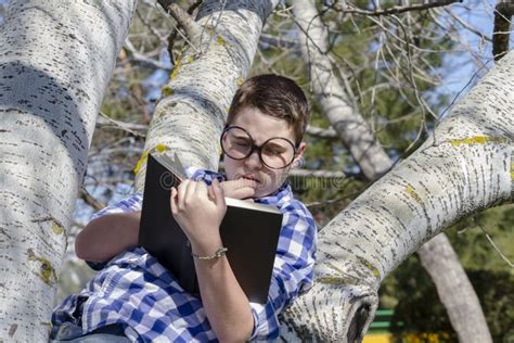 Giovane Ragazzo Che Legge Un Libro Nel Legno Con Profondità Di Campo