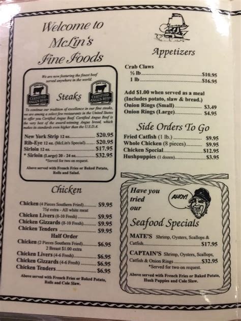 Menu At Mclin S Restaurant Daleville Old Newton Rd