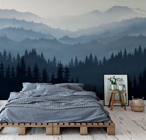 Misty Pine Forest Wall Mural Removable Wallpaper Foggy Pine Etsy