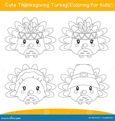 Cute Thanksgiving Turkey Coloring Page Cartoon Vector Stock Vector