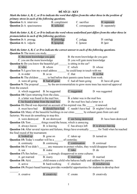 ĐỀ SỐ 23 Key đề Luyện ĐỀ SỐ 23 Key Mark The Letter A B C Or D To Indicate The Word