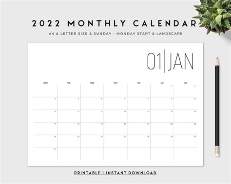 2022 Monthly Calendar Printable Template Horizontal Sunday Monday Start ...