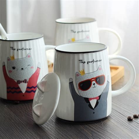 Cute Mugs Ceramic Coffee Cups With Lid Stripes Office Drinking Mug