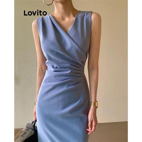 Lovito Vestido Elegante Liso Franzido Para Mulheres Lne56506 Shopee