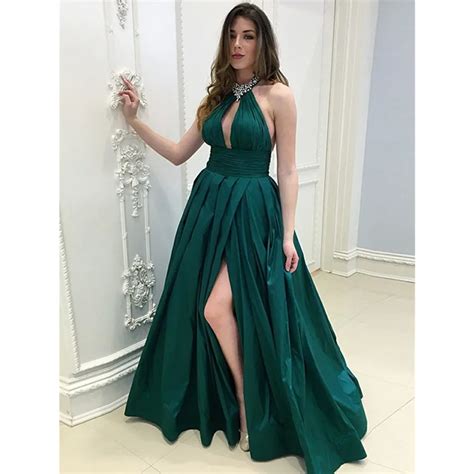 2019 Dark Green Long Evening Dress Halter Backless High Split Beaded