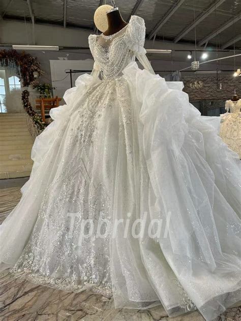 Big Puffy Wedding Dress Pearl Ball Gown Long Sleeve Long Tail