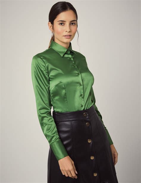 Hawes And Curtis Womens Cactus Green Fitted Satin Shirt Single Cuff