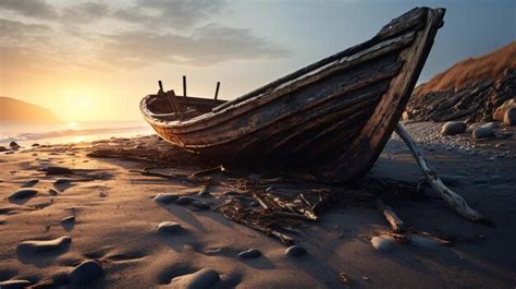 Premium Photo Broken Abandoned Wooden Boat Lays On A Beach