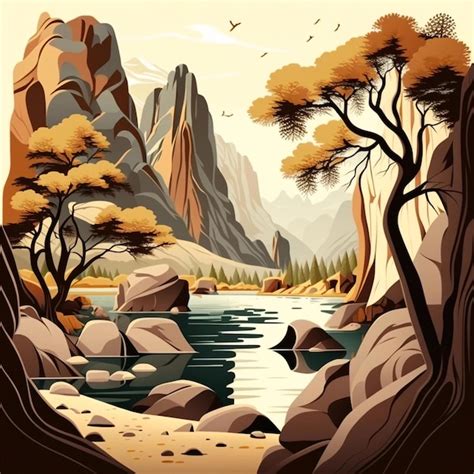 Premium AI Image | A drawing of a mountain landscape with trees and rocks.