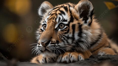 Baby Tiger Laying Down Looking Into The Distance Background Amur Tiger