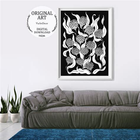 Black And White Floral Printable Art Botanical Wall Art Print Etsy