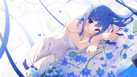 Wallpaper Long Hair Flowers Blue Hair Blue Eyes Blush 1920x1080 Axela 1960715 Hd