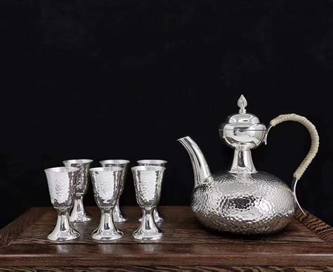 S999 Hammer Pattern One Pot Six Cups Solid Sterling Silver Wine Set ...