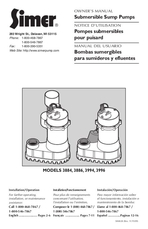 Simer Pumps 3886 3884 3996 3994 User Manual