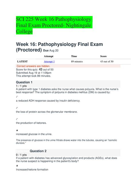 SCI 225 Week 16 Pathophysiology Final Exam Proctored Nightingale