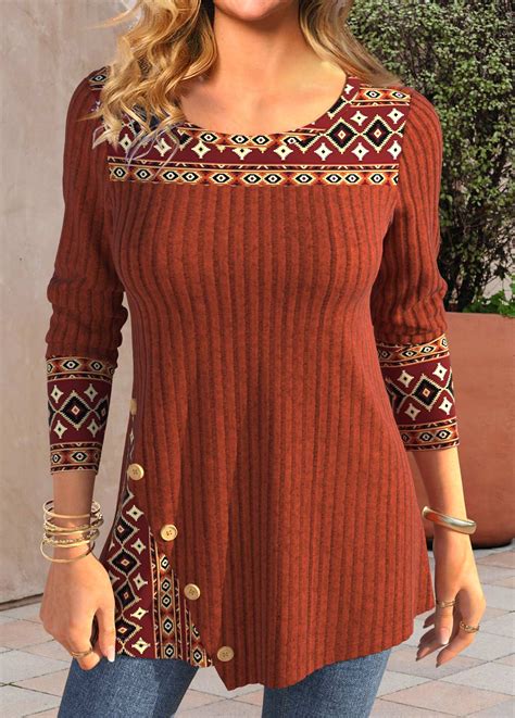 Brick Red Patchwork Tribal Print Long Sleeve T Shirt Modlily