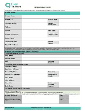 Fillable Online Refund Request Form Student Details Glen Institute