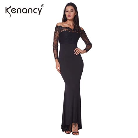 Kenancy Women Sexy Bare Shoulder Perspective Lace Patchwork Long