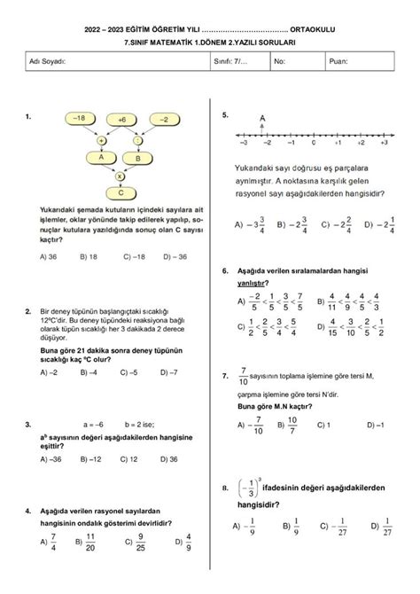 7 sınıf matematik 1 dönem 2 yazılı soruları çoktan seçmeli 20 soru