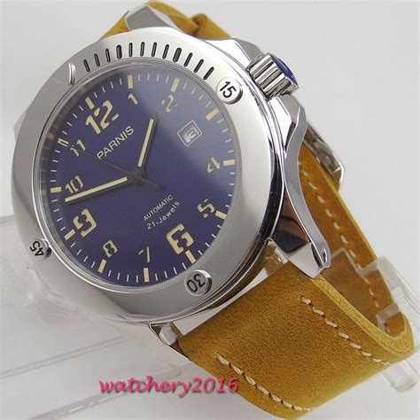 44mm Parnis Blue Dial Sapphire Glass Date Stainless Case Luminous