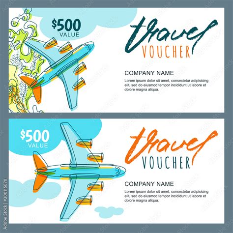 Vector gift travel voucher. Top view hand drawn flying airplane. Coupon ...