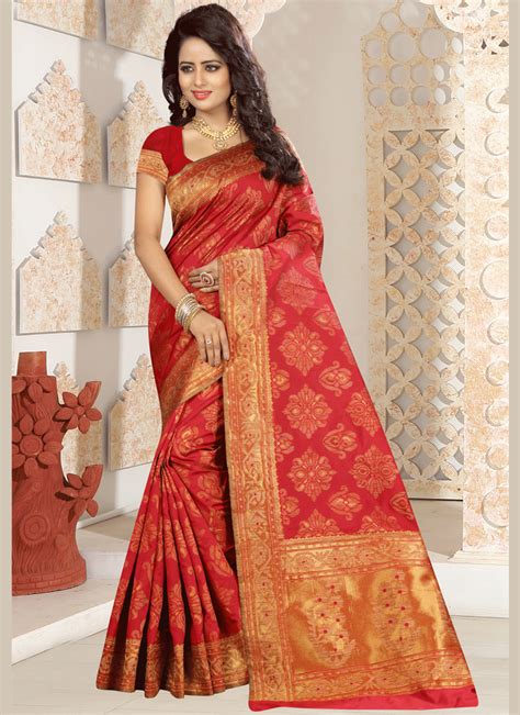 Buy Kanchipuram Silk Red Designer Traditional Saree 65928